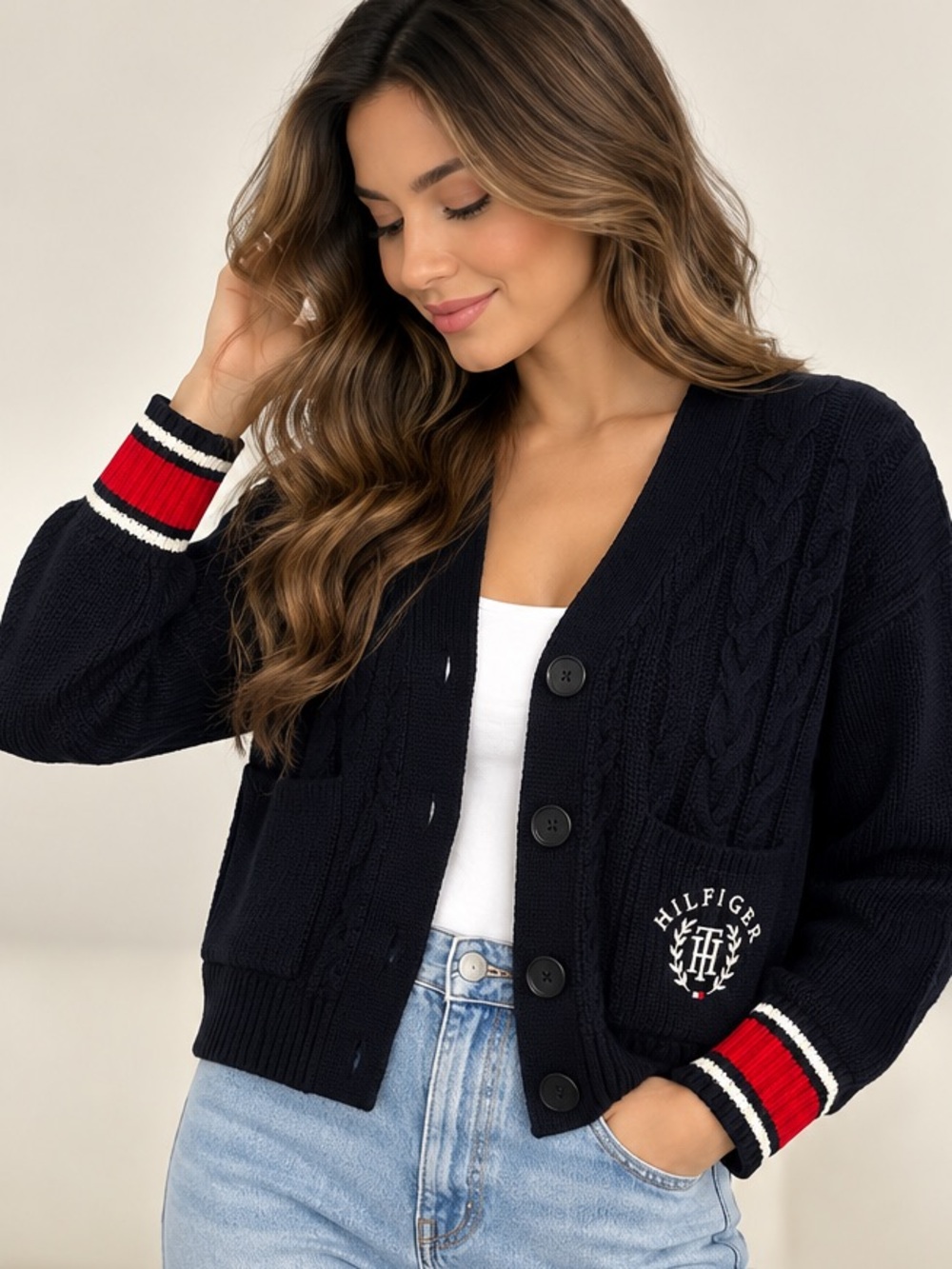 Tommy Hilfiger Navy Cable-Knit Cardigan with Red & White Trim